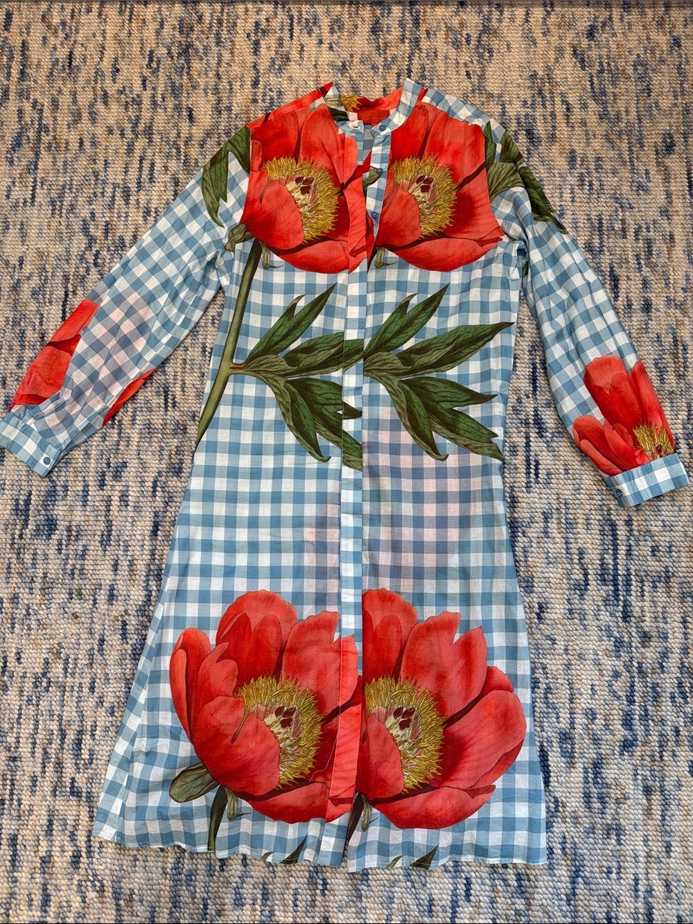 Blue Gingham Long Sleeve Dress with Red Floral Print